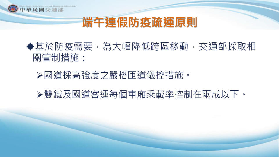 交通部端午連假防疫疏運原則。   圖：交通部／提供