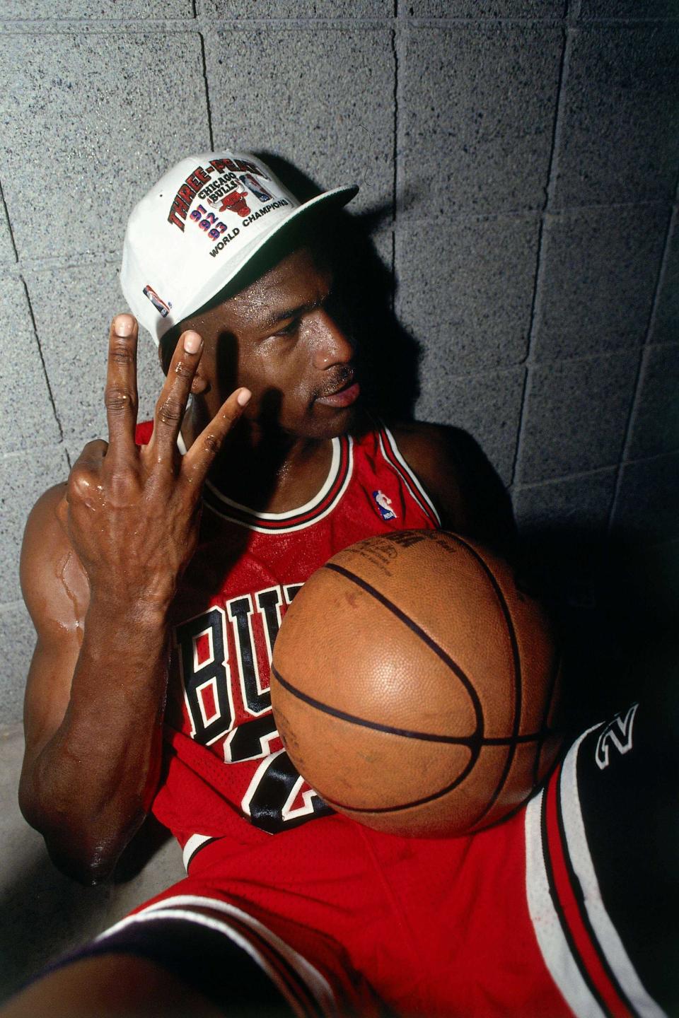 Michael Jordan celebrates winning the NBA Championship after Game Six of the 1993 NBA Finals on June 20, 1993, at America West Arena in Phoenix. It's seen during the ESPN documentary "The Last Dance."