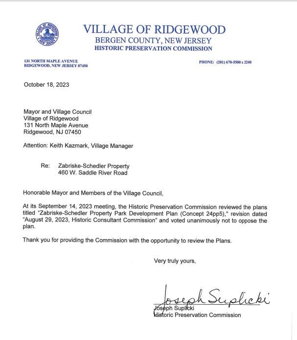 Oct. 18, 2023 letter signed by Ridgewood Historic Preservation Commission Chair Joseph Suplicki stating the group "voted unanimously not to oppose" the newest plan for development of the historic Zabriskie-Schedler property.