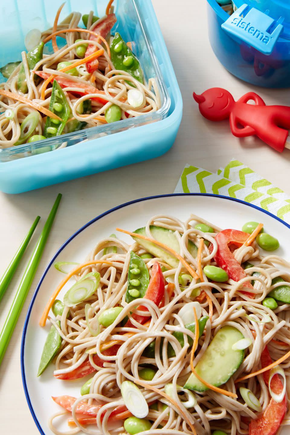 <p>It only takes 15 minutes to make this super-filling lunch made from soba noodles and a handful of vitamin-packed veggies. Add chicken if you want a extra protein to keep them full all afternoon.<br></p><p><strong><a rel="nofollow noopener" href="https://www.redbookmag.com/body/healthy-eating/recipes/g2388/healthy-packed-lunch-ideas/?slide=4" target="_blank" data-ylk="slk:Get the recipe.;elm:context_link;itc:0;sec:content-canvas" class="link ">Get the recipe.</a></strong></p>