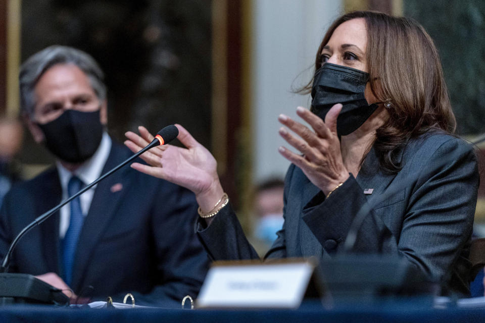 Vice President Kamala Harris, accompanied by Secretary of State Antony Blinken, left, speaks at a U.S.-Mexico High Level Economic Dialogue meeting in the Indian Treaty Room in the Eisenhower Executive Office Building on the White House Campus in Washington, Thursday, Sept. 9, 2021. (AP Photo/Andrew Harnik)