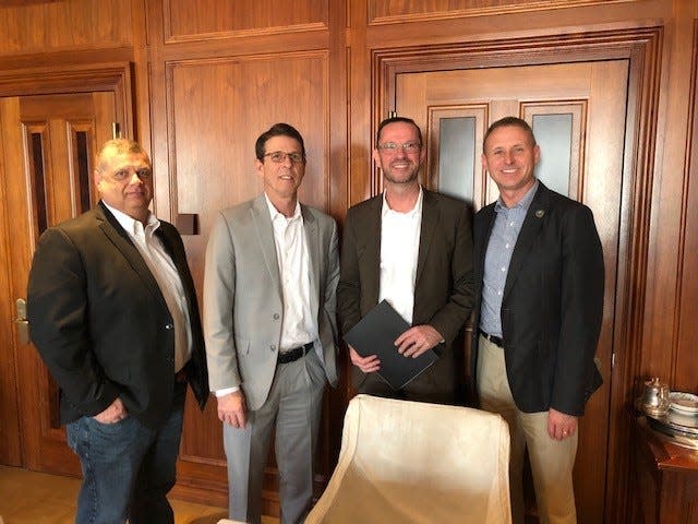James King (Delaware County Commissioner), Bill Walters (Director of the ECI Regional Planning District), Thomas Schwegmann (CEO PONS Atlantic Partners in Berlin), and Brad Bookout (Director of Municipal and Economic Affairs in Delaware County) pose for a photo during their 2019 seven-day working trip to Germany and the Netherlands. Bookout has filed to run for Delaware County Council at-large in the GOP Primary May 7.
(Credit: Photo Provided)