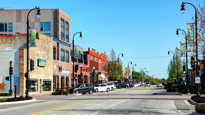 Broken Arrow, Oklahoma, USA - April 27, 2018: Daytime view of shops and buildings along S Main Street in the historic Rose District.