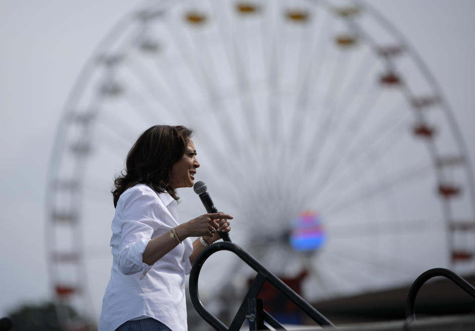 Democratic presidential candidate Sen. Kamala Harris, D-Calif., speaks at the Iowa State Fair, Saturday, Aug. 10, 2019, in Des Moines, Iowa. (AP Photo/John Locher)