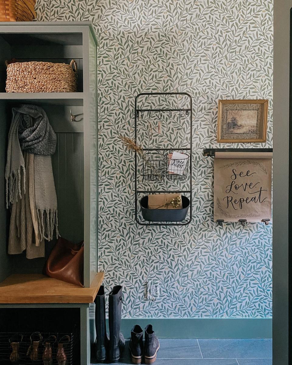 Green Wallpaper Laundry Room With Storage racks and shelves