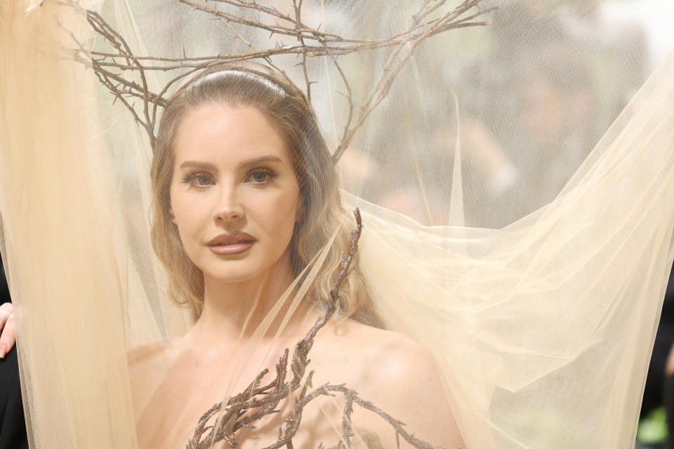 Lana Del Rey with head piece made of twigs covered in sheer fabric at the Met Gala.