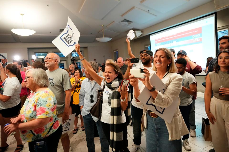 People celebrate the defeat of Issue 1 during an election night party at the Columbus Fire Fighters Local 67 on Aug. 8, 2023.