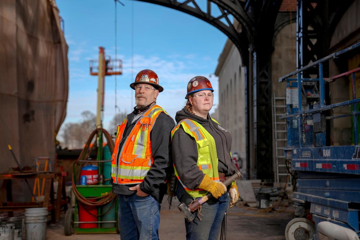 Rob Younk, 65, of Harrisville, with his daughter, Tiffany Younk, 29, of Livonia, at the Carriage House at Michigan Central Station in Detroit on Dec. 14, 2023. Tiffany works alongside her dad on the iconic and massive Michigan Central Station project.