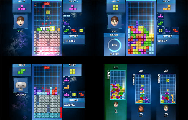 A screenshot of the game Tetris. Blocks fall from the top of the