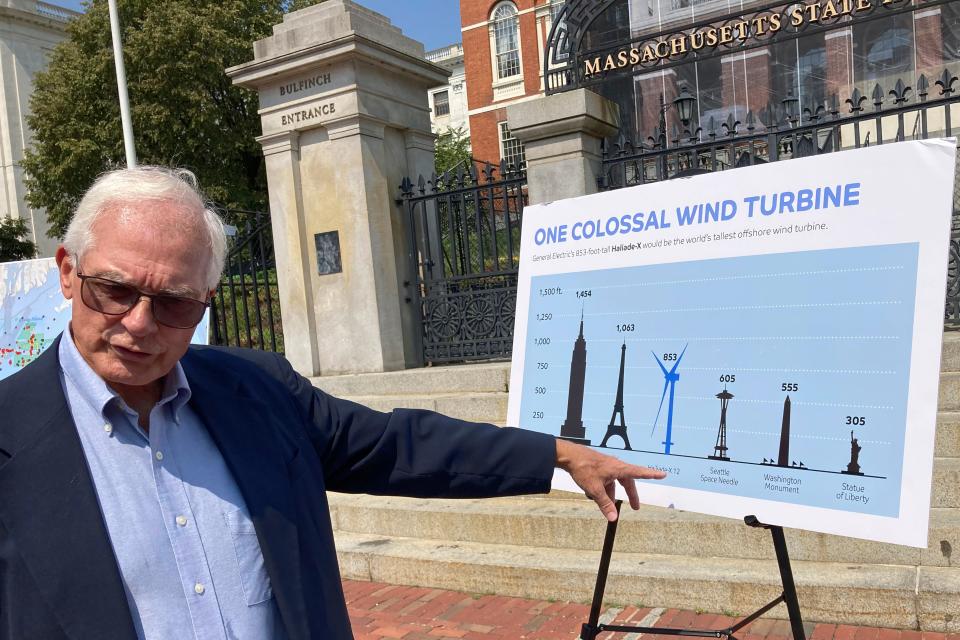 David Stevenson, policy director at a libertarian think tank, in front of the Statehouse in Boston on Aug. 25, 2021, when Nantucket Residents Against Turbines announced its lawsuit against the federal government. It says its goal is to protect marine life and the endangered North Atlantic right whales.