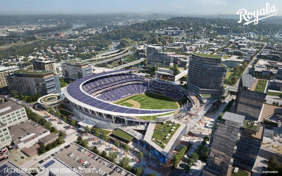 A rendering from stadium design firm Populous shows a concept of what a new downtown Kansas City Royals stadium located in the East Village might look like.