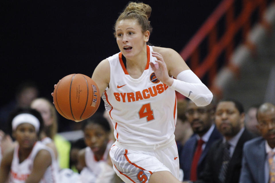 Tiana Mangakahia in a white Syracuse jersey dribbles the ball. 