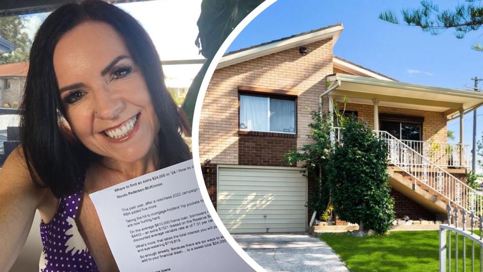 Compilation image Nicole Pedersen-McKinnon holding home loan refinance papers and a property in Sydney