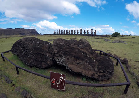 Statues named "Moai" are seen on a hill at the Easter Island, Chile January 31, 2019. Picture taken January 31, 2019. REUTERS/Jorge Vega