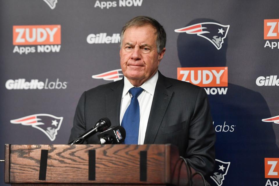 New England Patriots head coach Bill Belichick attends a news conference after their NFL football game against the Buffalo Bills, Sunday, Jan. 8, 2023, in Orchard Park. (AP Photo/Adrian Kraus)