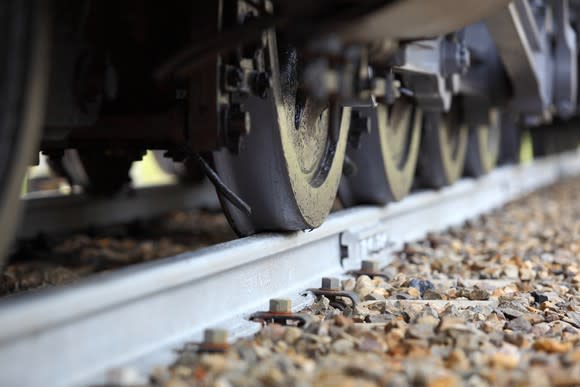 Close-up of railway cargo wheels.