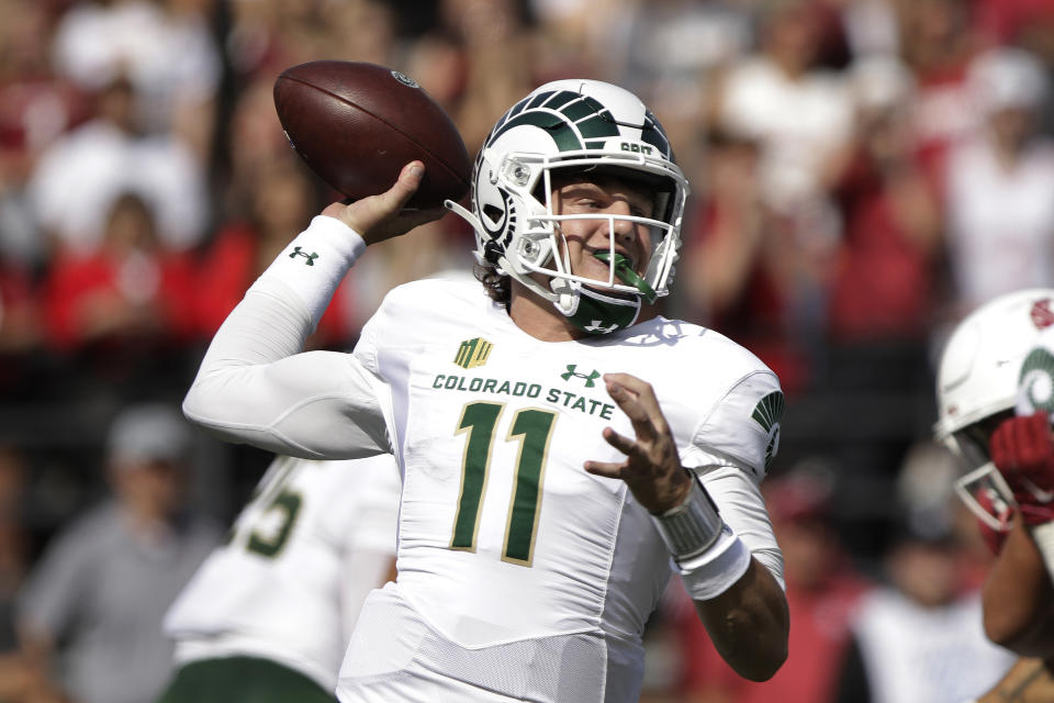 Colorado State quarterback Clay Millen throws a pass during the first half of an NCAA college football game against Washington State, Saturday, Sept. 17, 2022, in Pullman, Wash. (AP Photo/Young Kwak)