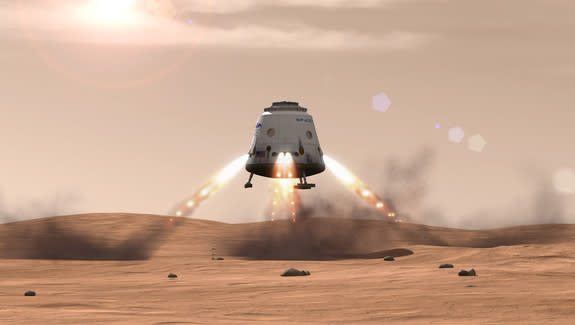 A SpaceX Dragon spacecraft lands on Mars in this artist illustration of the possibilities for the privately built spacecraft. SpaceX CEO Elon Musk has said that later this year he will unveil his concept for future manned missions to the Red Pl