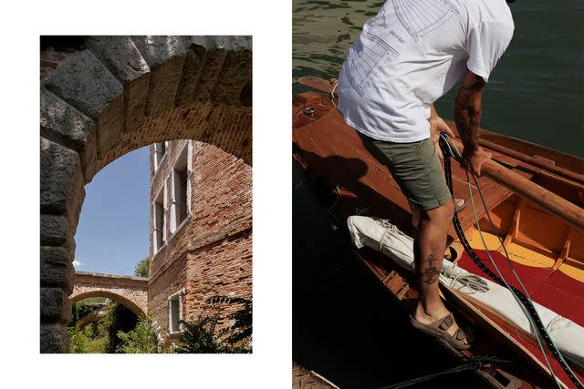 <p>Camilla Glorioso</p> From left: The fortress on Sant’Andrea, an abandoned island accessible only by private boat; Simon rigs a boat with mast, sails, and ropes before a class.