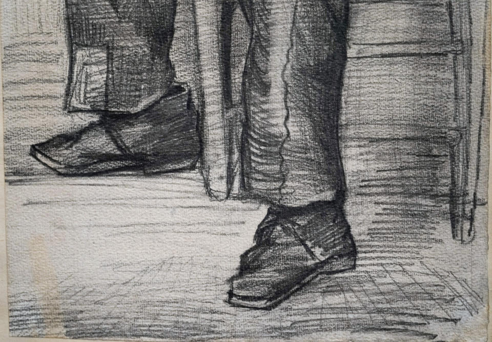 Detail of Study for "Worn Out", a drawing by Dutch master Vincent van Gogh, dated Nov. 1882, on public display for the first time at the Van Gogh Museum in Amsterdam, Netherlands, Thursday, Sept. 16, 2021. (AP Photo/Peter Dejong)