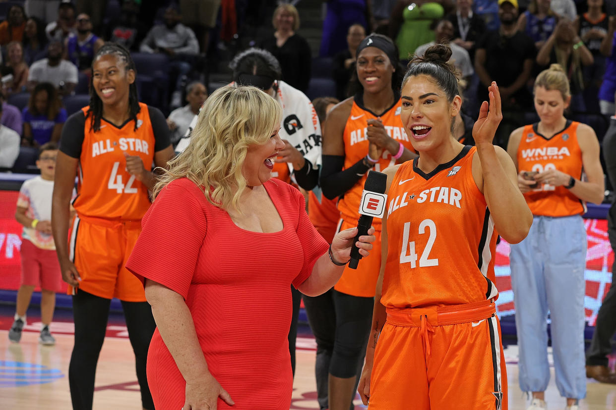 CHICAGO, ILLINOIS - JULY 10: ESPN reporter Holly Rowe speaks with Kelsey Plum #10 of Team Wilson following the 2022 AT&T WNBA All-Star Game at the Wintrust Arena on July 10, 2022 in Chicago, Illinois. (Photo by Stacy Revere/Getty Images)
