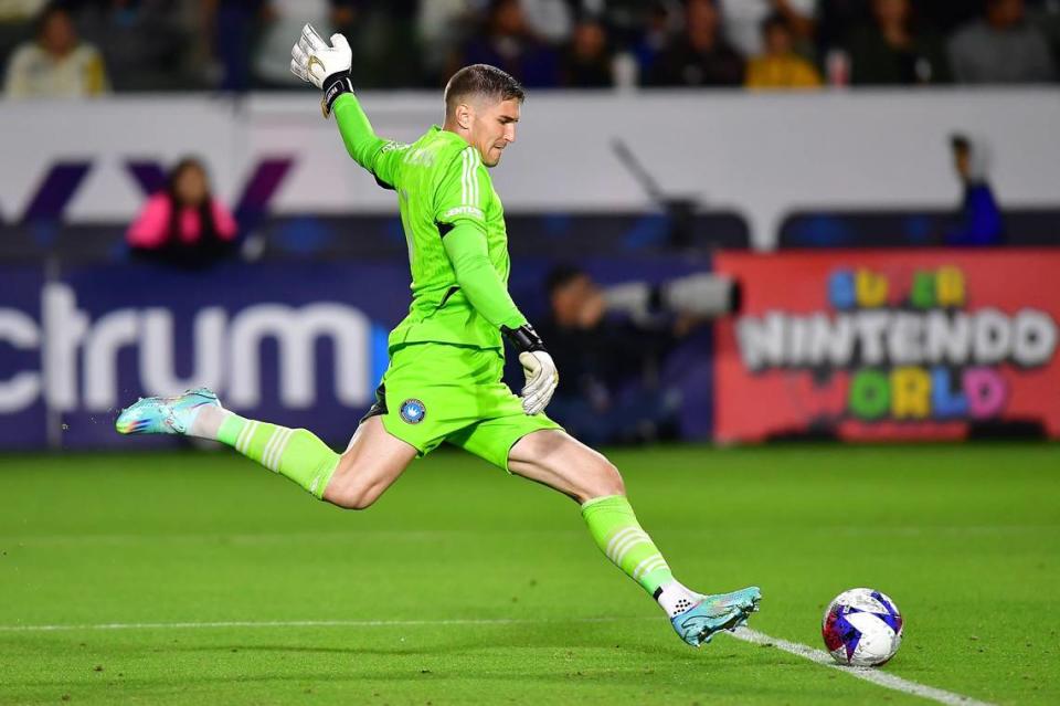 May 27, 2023; Carson, California, USA; Charlotte FC goalkeeper Kristijan Kahlina (1) clears the ball into play against the Los Angeles Galaxy during the second half at Dignity Health Sports Park. Mandatory Credit: Gary A. Vasquez-USA TODAY Sports