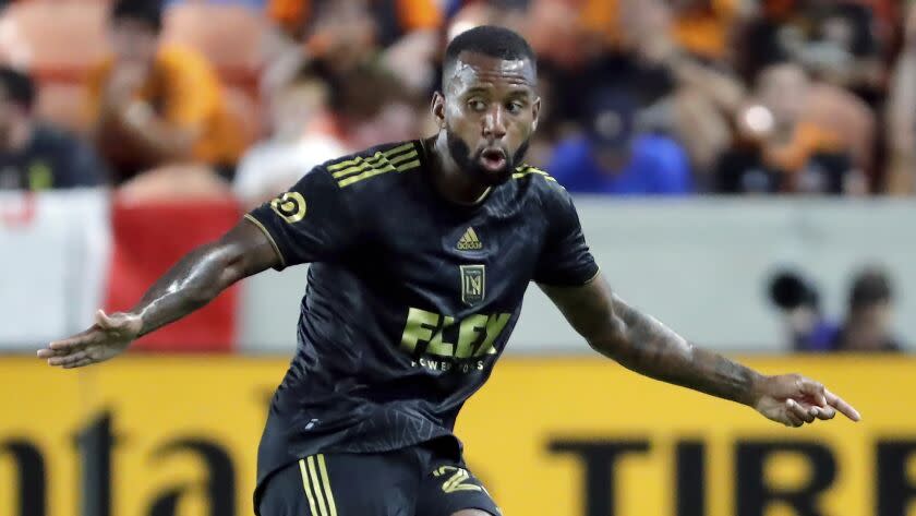 Los Angeles FC midfielder Kellyn Acosta during the first half of an MLS soccer match against the Houston Dynamo Wednesday, August 31, 2022, in Houston. (AP Photo/Michael Wyke)