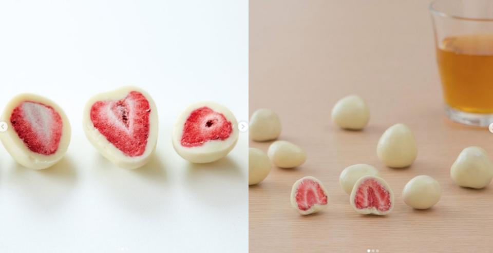 整粒草莓經冷凍乾燥後，外層包裹白巧克力。為珍惜食材，即使形狀大小不一或果肉外露，也不將之剔除。