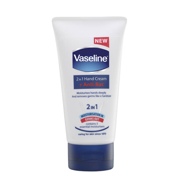 Vaseline 2in1 Hand Cream Anti-Bac - £3.00 - <a href="http://groceries.asda.com/asda-estore/search/searchcontainer.jsp?trailSize=1&searchString=vaseline+hand+cream&domainName=Products&headerVersion=v1&_requestid=17759" rel="nofollow noopener" target="_blank" data-ylk="slk:Asda;elm:context_link;itc:0;sec:content-canvas" class="link ">Asda<br></a><br>Keep this handy cream by your desk to moisturise and rid them of germs - glamorous!