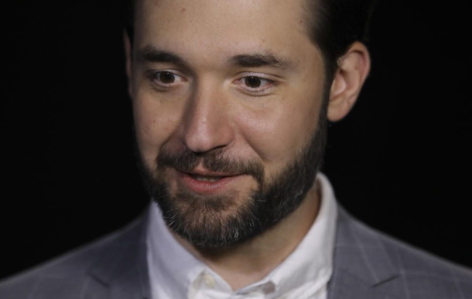 In this Tuesday Feb. 19, 2019, photo Alexis Ohanian, founder of the social media company Reddit, speaks during an interview in New York. Ohanian says he can't imagine how he and Serena Williams would have coped with a new baby if he had not been able to take leave from his job. Now the Reddit co-founder is rallying all men to join the battle cry for paid parental leave in the U.S., the only industrialized country that does not mandate it at the federal level. (AP Photo/Bebeto Matthews)