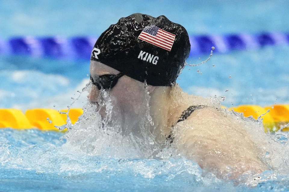 Lilly King of the United States competes in the Women 100m Breaststroke finals at the World Swimming Championships in Fukuoka, Japan, Tuesday, July 25, 2023. (AP Photo/Lee Jin-man)