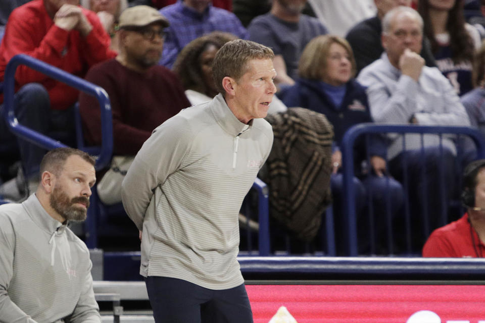 Gonzaga head coach Mark Few directs his team during the first half of an NCAA college basketball game against Jackson State, Wednesday, Dec. 20, 2023, in Spokane, Wash. (AP Photo/Young Kwak)