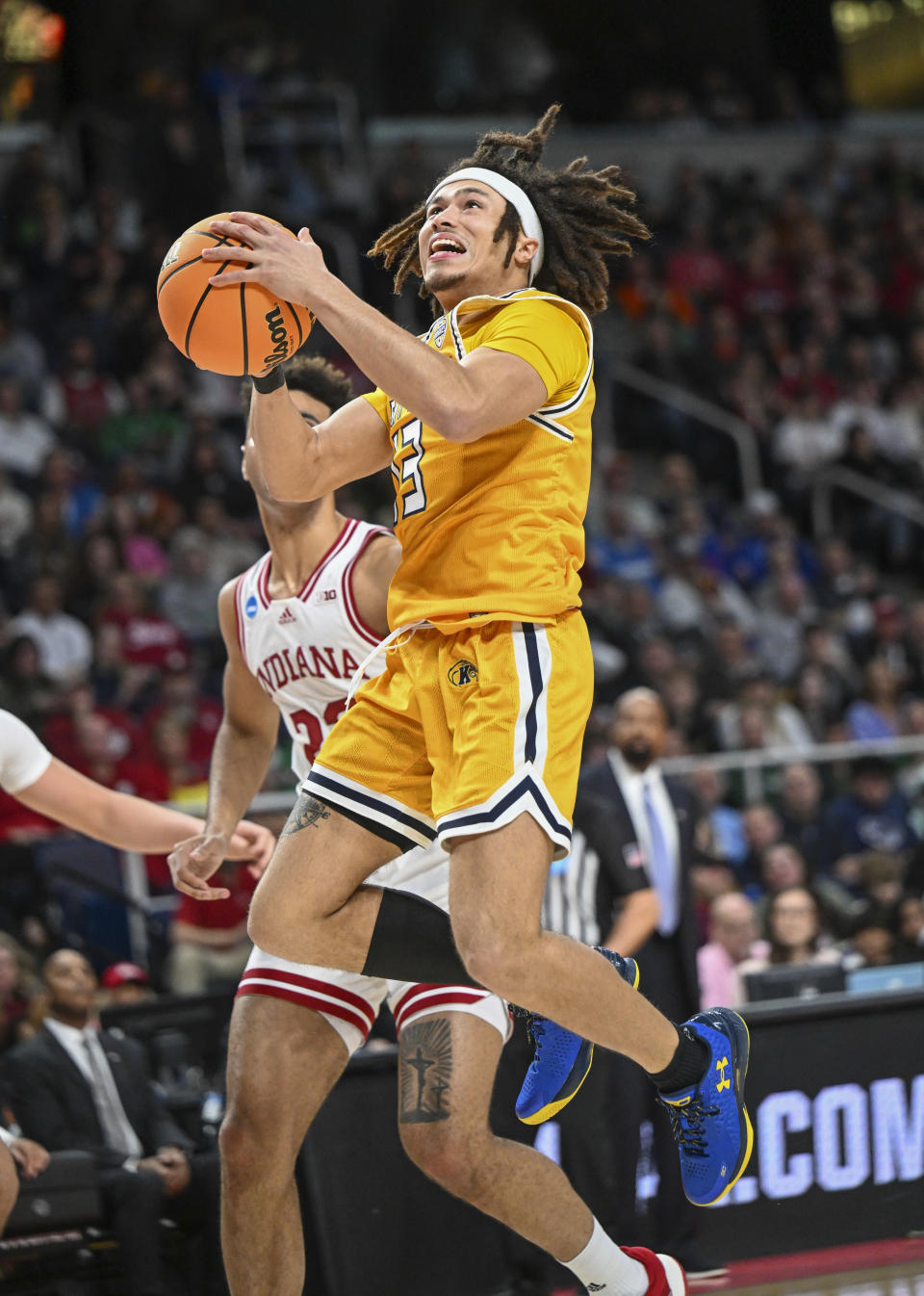 Kent State guard Jalen Sullinger (13) scores against Indiana during the first half of a first-round college basketball game in the NCAA Tournament Friday, March 17, 2023, in Albany, N.Y. (AP Photo/Hans Pennink)