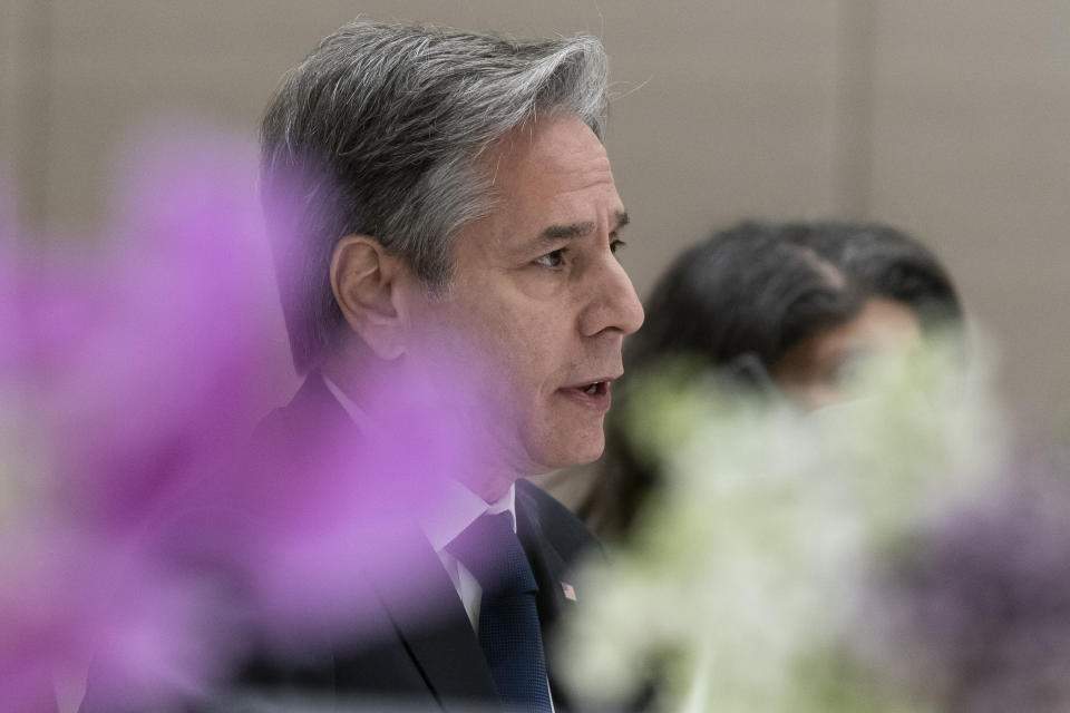 Secretary of State Antony Blinken speaks during a meeting with Russian Foreign Minister Sergey Lavrov, Friday, Jan. 21, 2022, in Geneva, Switzerland. (AP Photo/Alex Brandon, Pool)