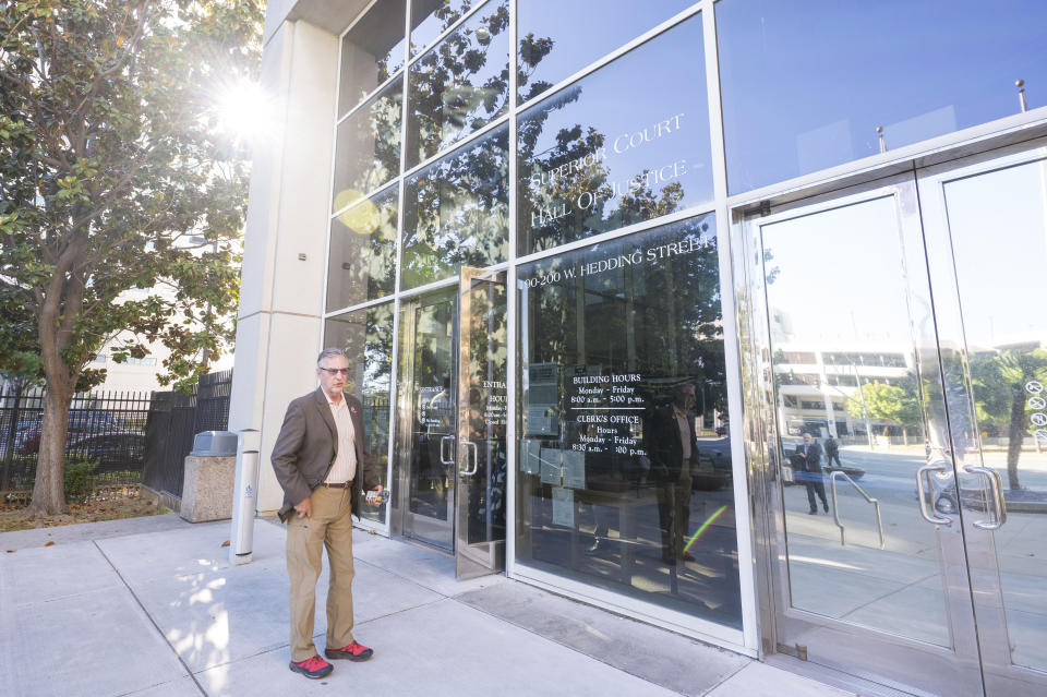 Marc Klaas, Polly Klaas' father, walks into Santa Clara County Superior Court in San Jose, Calif., Friday, May 31, 2024. A California judge will consider Friday whether to recall the death sentence against Richard Allen Davis, who in 1993 killed 12-year-old Polly Klaas after kidnapping her from her bedroom at knifepoint in a crime that shocked the nation. (AP Photo/Nic Coury)