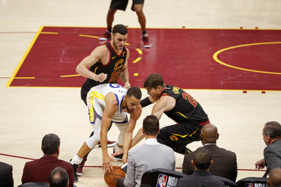 The Cavaliers worked to trap Stephen Curry on the ball, to jostle him off it, and to generally fluster the Warriors with their physicality. It worked for a while … and then it stopped. (Getty)