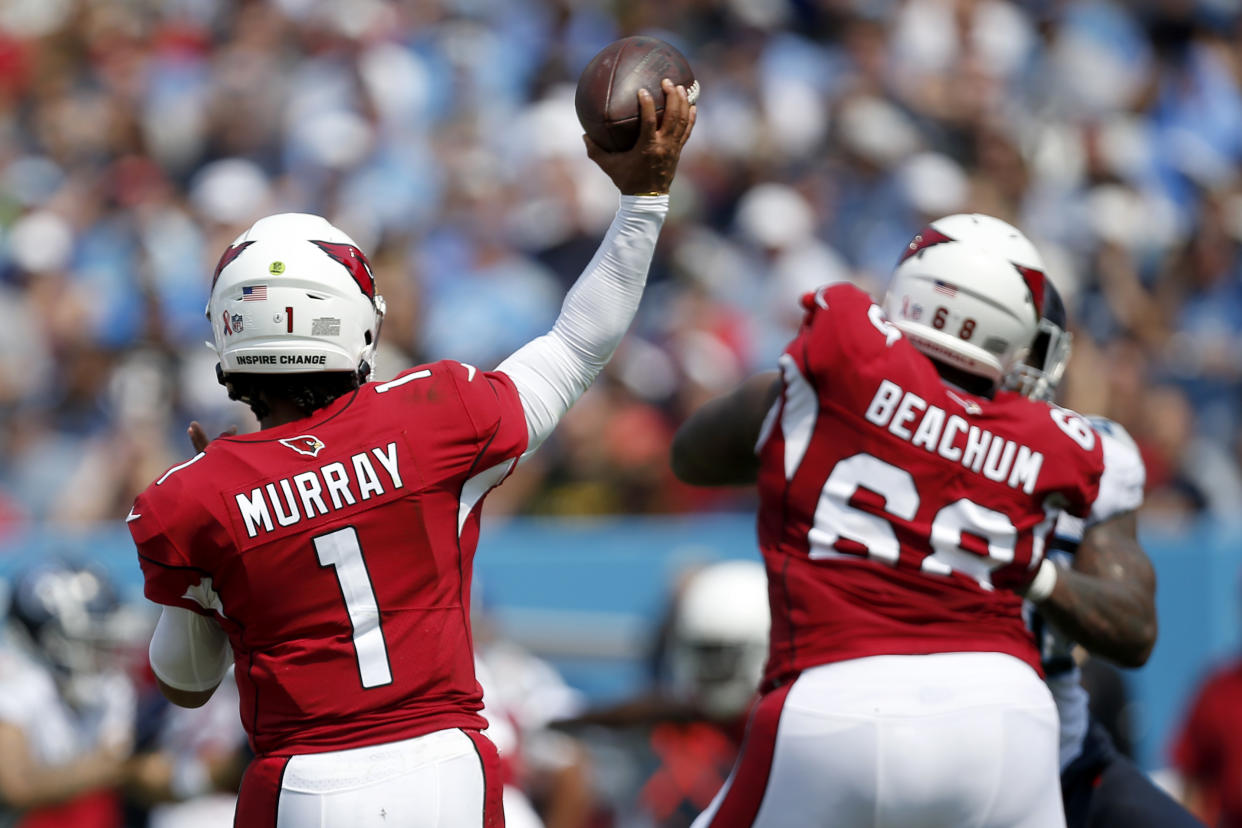 NASHVILLE, TENNESSEE - SEPTEMBER 12: Kyler Murray #1 of the Arizona Cardinals throws a pass against the Tennessee Titans during the first half at Nissan Stadium on September 12, 2021 in Nashville, Tennessee. (Photo by Silas Walker/Getty Images)