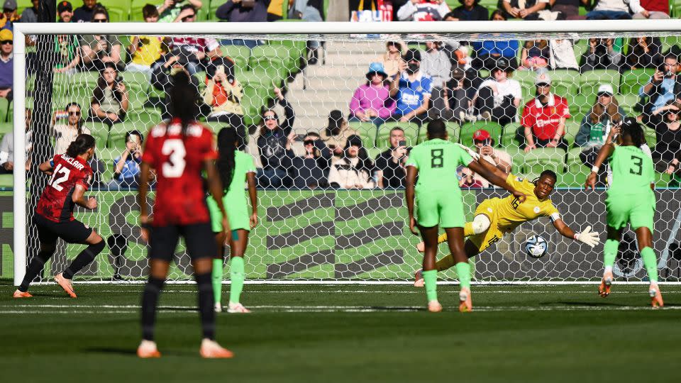 Nnadozie saves a penalty against Christine Sinclair of Canada at the FIFA Women's World Cup. - Morgan Hancock/EPA-EFE/Shutterstock