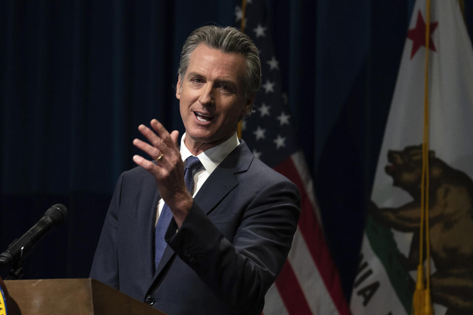 California Gov. Gavin Newsom discusses his proposed state budget for the 2024-2025 fiscal year, during a news conference in Sacramento,Calif., Wednesday, Jan. 10, 2024. (AP Photo/Rich Pedroncelli)