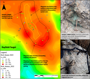 Figure 4: Rock samples from the Rayfield Target Zone grade up to 0.63% Cu and 245.5 ppb Au. Mapping has confirmed a high density of sheeted and stockwork quartz veining within the magnetic-low feature. This may be indicative of alteration that typically bounds the centre of porphyry systems.