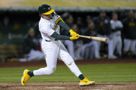 Oakland Athletics' Zack Gelof strikes out during the sixth inning of the team's baseball game against the Cleveland Guardians, Thursday, March 28, 2024, in Oakland, Calif. (AP Photo/Godofredo A. Vásquez)