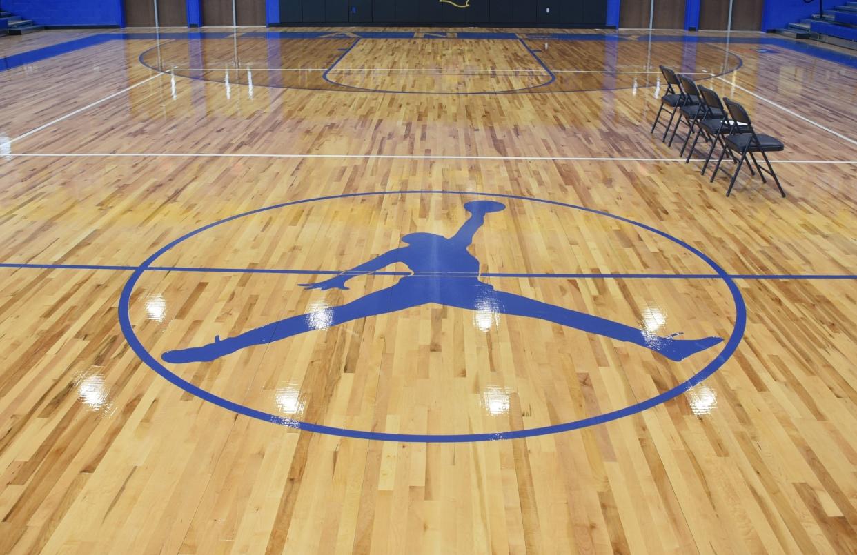 The Nike Jumpman logo synonymous with Laney alum Michael Jordan is at center court of the school's newest gym, which opened in 2017.