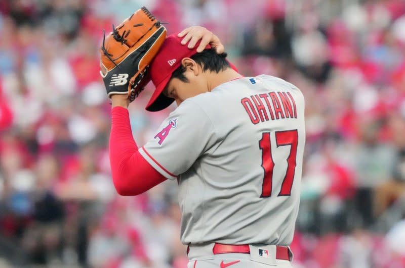 Los Angeles Angels starting pitcher Shohei Ohtani hit a home run in the first game of a doubleheader against the Cincinnati Reds on Wednesday in Anaheim, Calif. File Photo by Bill Greenblatt/UPI