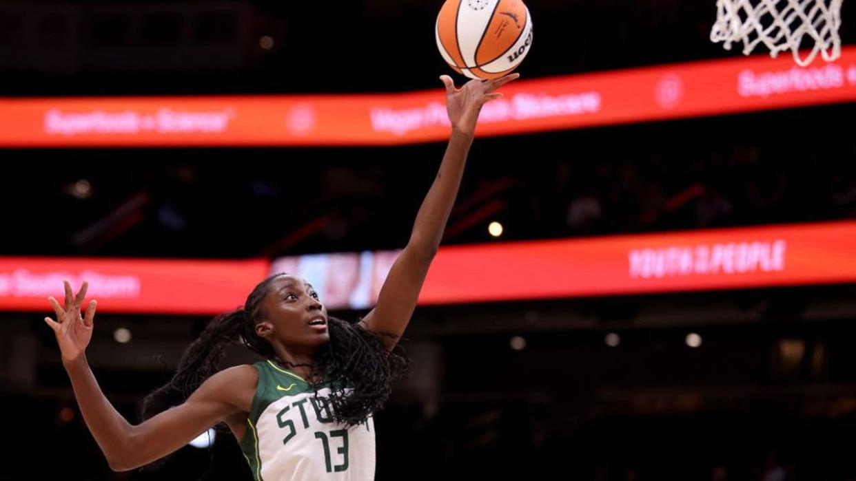 <div>SEATTLE, WASHINGTON - JUNE 20: Ezi Magbegor #13 of the Seattle Storm shoots during the second quarter against the Connecticut Sun at Climate Pledge Arena on June 20, 2023 in Seattle, Washington. (Photo by Steph Chambers/Getty Images)</div>