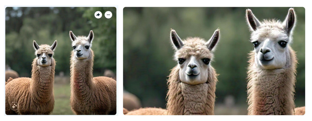 Two images of AI generated Llamas, one with watermark  (Generated with Imagine by Meta)