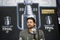 Vegas Golden Knights goaltender Adin Hill speaks with the media ahead of the NHL Stanley Cup hockey final Friday, June 2, 2023, in Las Vegas. (AP Photo/John Locher)