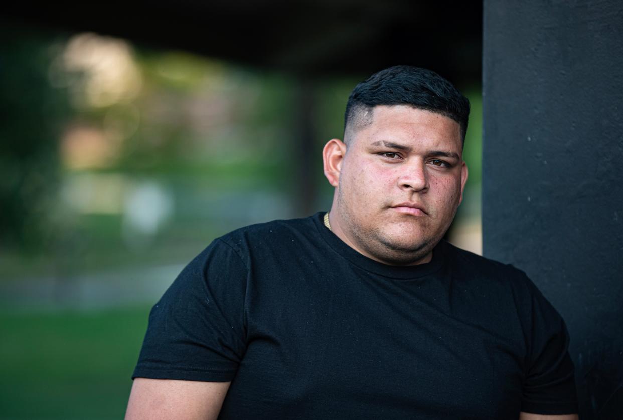 Wilson Martinez, 25, is an asylum seeker who arrived in the United States from his native Venezuala in May and has been living at the Ardsley Acres Motel with his wife and eight-month old son for two months. Martinez, photographed Aug. 22, 2023, says that he and other asylum seekers at the motel are being fed frozen food that is very often low quality. 