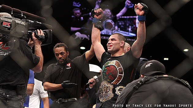 Cain Velasquez celebrates after beating Junior dos Santos at UFC 155. (Courtesy: Tracy Lee for Y! Sports)