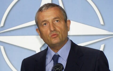 Francois Leotard, European Union mediator, during a short briefing with the media at NATO headquarters in Brussels,Wednesday, Aug.22, 2001. - Credit: &nbsp;YVES LOGGHE/AP