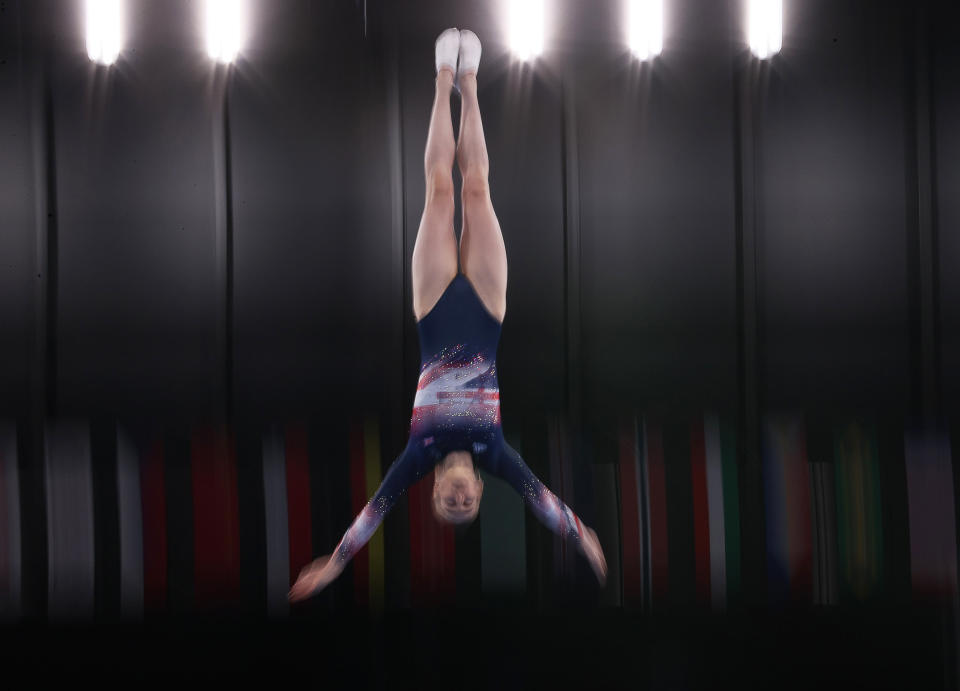 TOKYO, JAPAN - JULY 30, 2021: Great Britain's Bryony Page competes in the women's trampoline gymnastics qualification during the 2020 Summer Olympic Games at Ariake Gymnastics Centre. Sergei Bobylev/TASS (Photo by Sergei Bobylev\TASS via Getty Images)